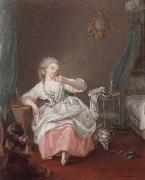 A bedroom interior with a young girl holding a song bird unknow artist